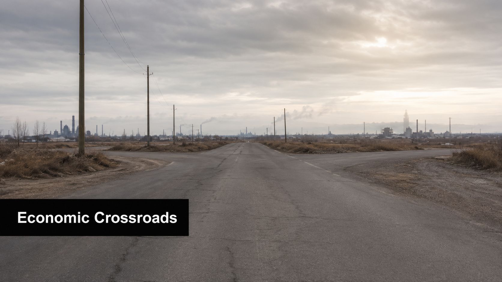 An asphalt road leads towards a distant industrial skyline under a cloudy, overcast sky at dusk.