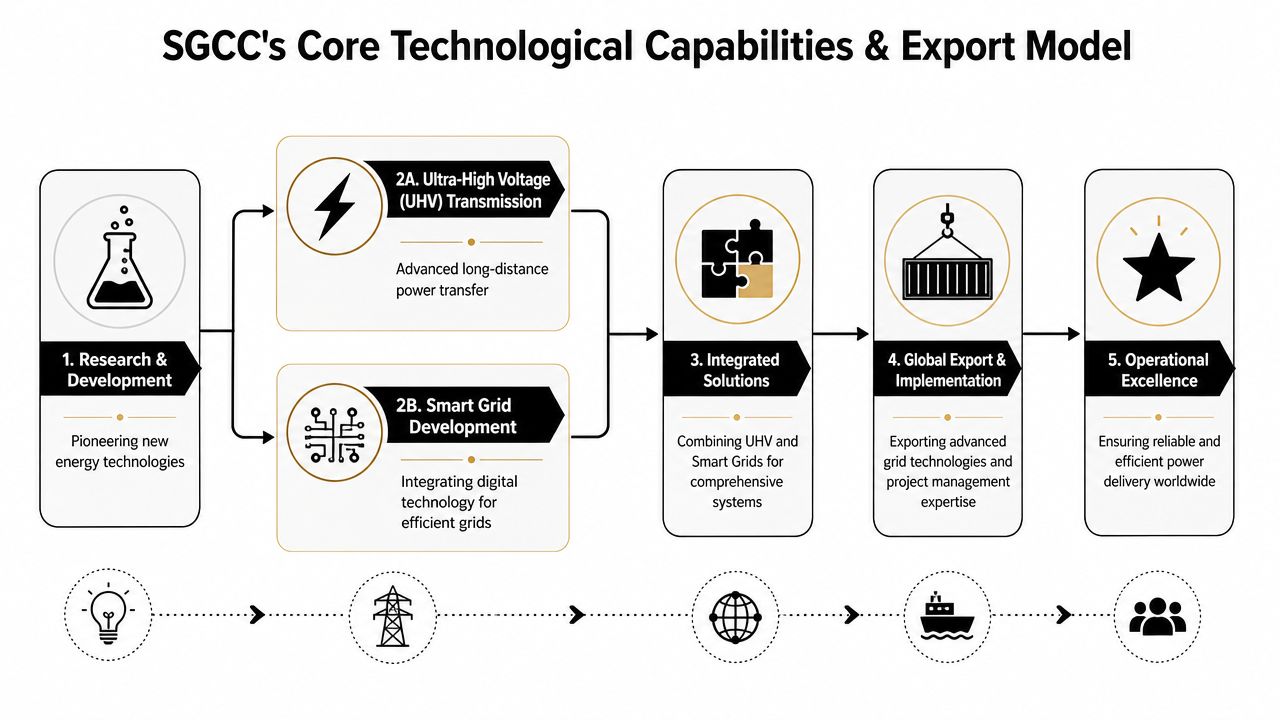 A diagram illustrating the core technological capabilities and export model of the State Grid Corporation of China.
