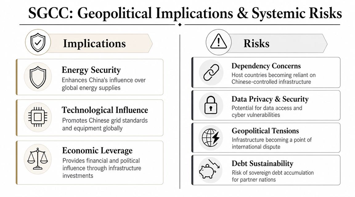 An infographic detailing the geopolitical implications and systemic risks associated with the State Grid Corporation of China.