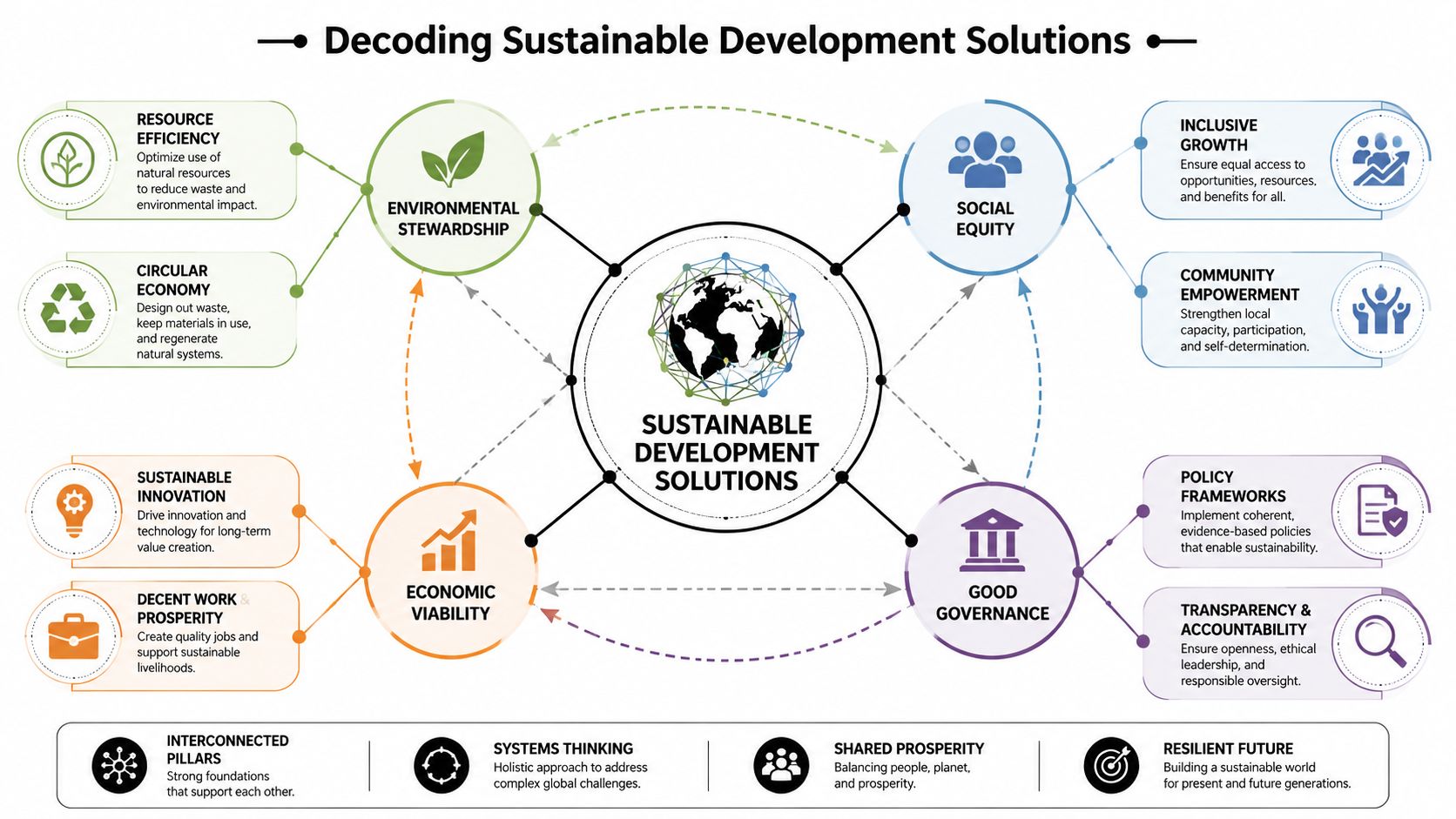A diagram illustrating sustainable development solutions through interconnected pillars of environmental, economic, social, and governance factors.