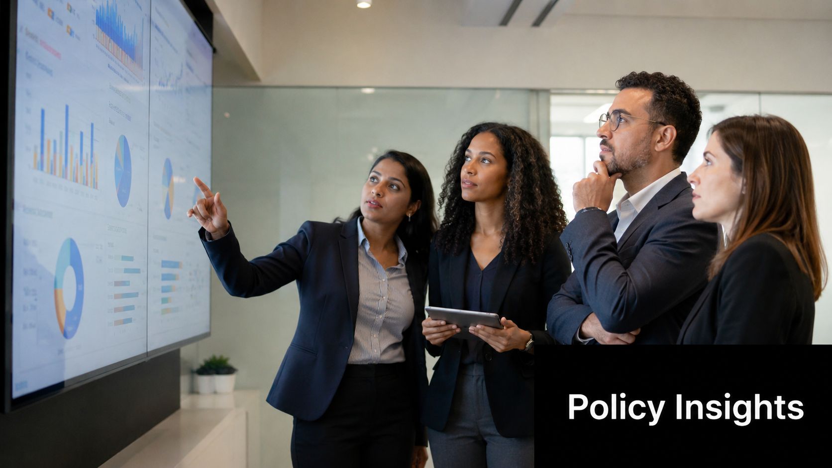 A professional team of business colleagues analyzing data charts on a large digital presentation screen together.