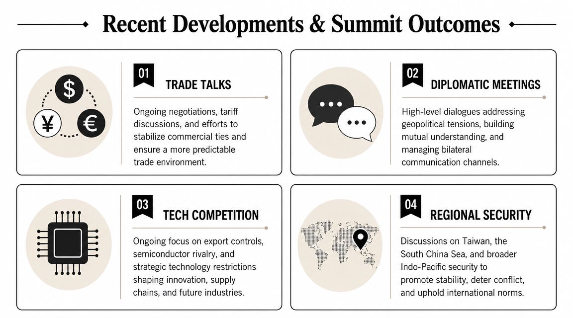 An infographic summarizing recent geopolitical developments, including trade talks, diplomatic meetings, tech competition, and regional security issues.