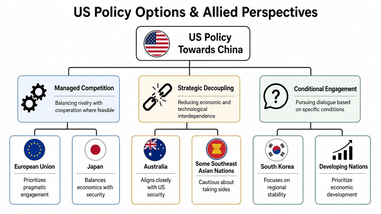 A diagram illustrating US policy options toward China and the varied perspectives held by allied nations.