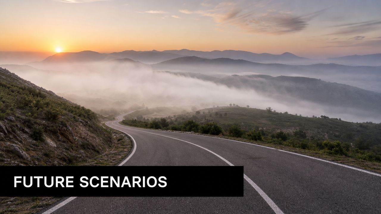 A scenic winding road stretches through misty mountains during a peaceful sunset, symbolizing future possibilities.