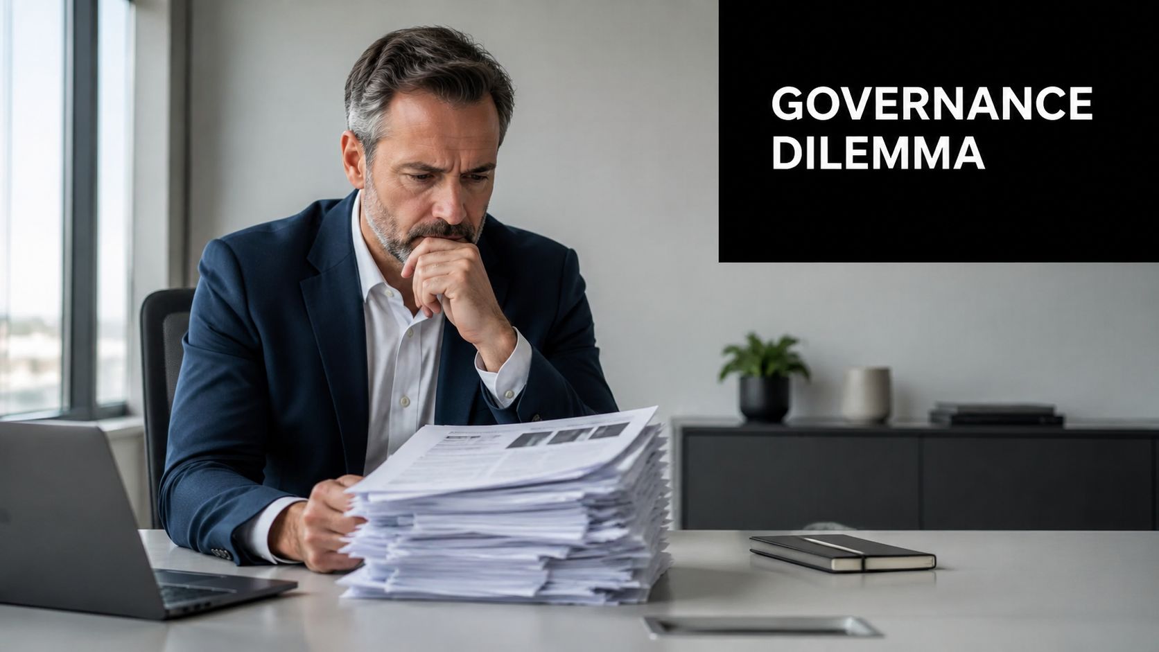 A middle-aged businessman wearing a suit looks thoughtfully at a large stack of papers on his desk.