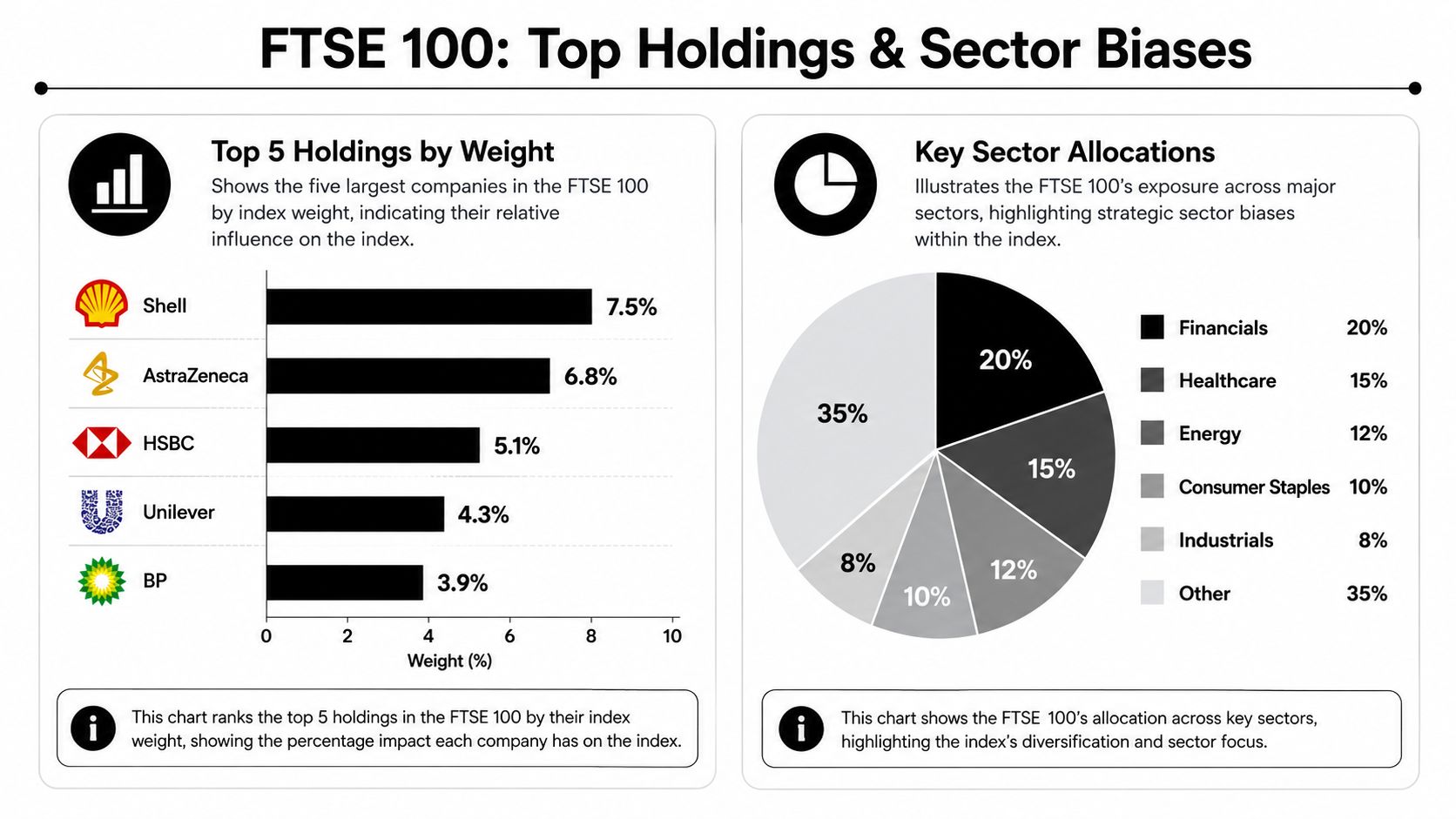 A chart showing top 5 FTSE 100 holdings by weight and the index's key sector allocations.