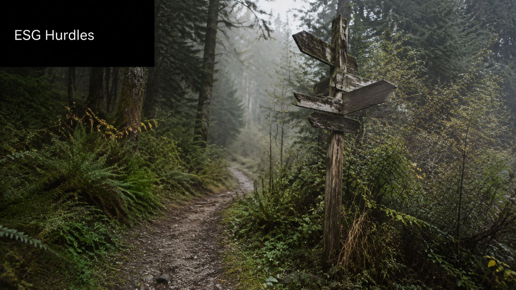 A wooden signpost stands at a fork in a misty, lush forest path, representing strategic business challenges.