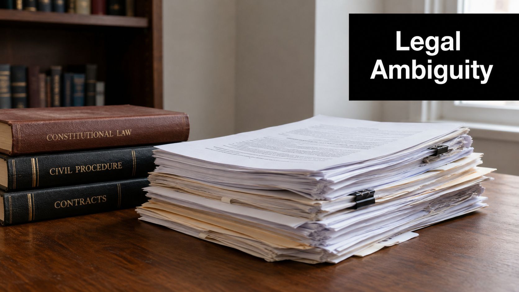 A stack of legal documents next to law textbooks on a wooden desk with a black sign.