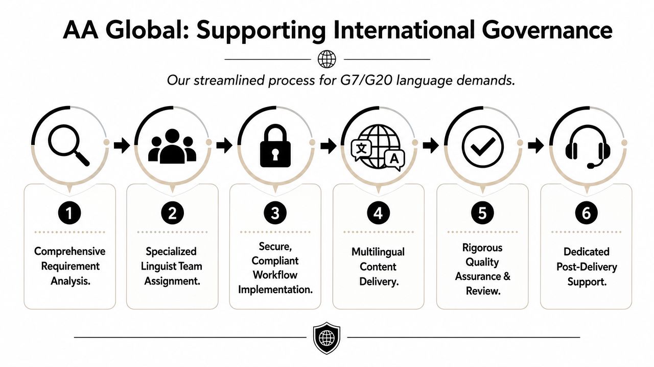 A process diagram for AA Global demonstrating their six-step workflow for supporting international governance language demands.