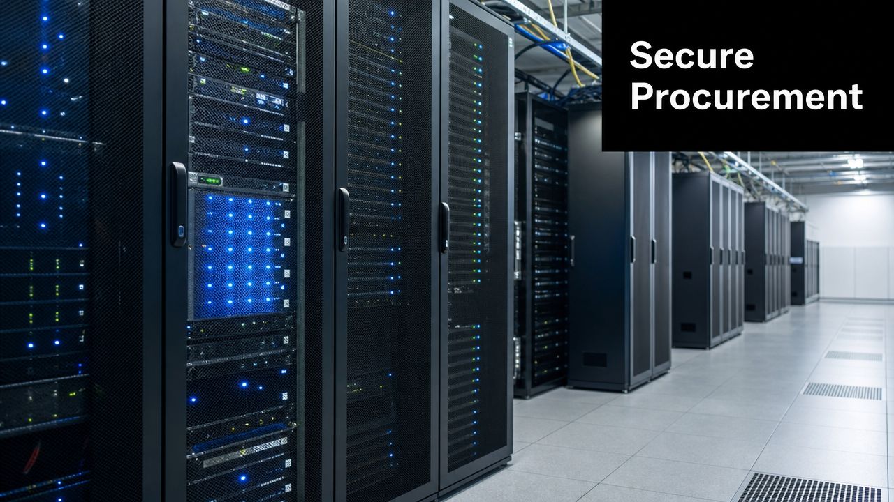 Rows of server racks with blinking blue lights in a high-tech data center facility for cloud storage.