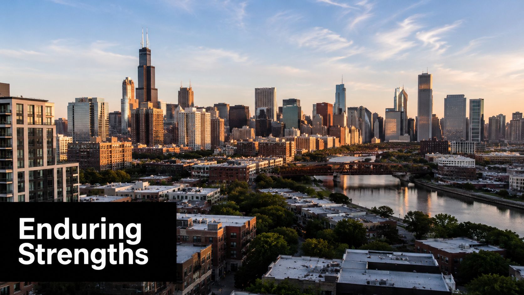 A scenic view of the Chicago skyline during sunset with the city reflected in the river.