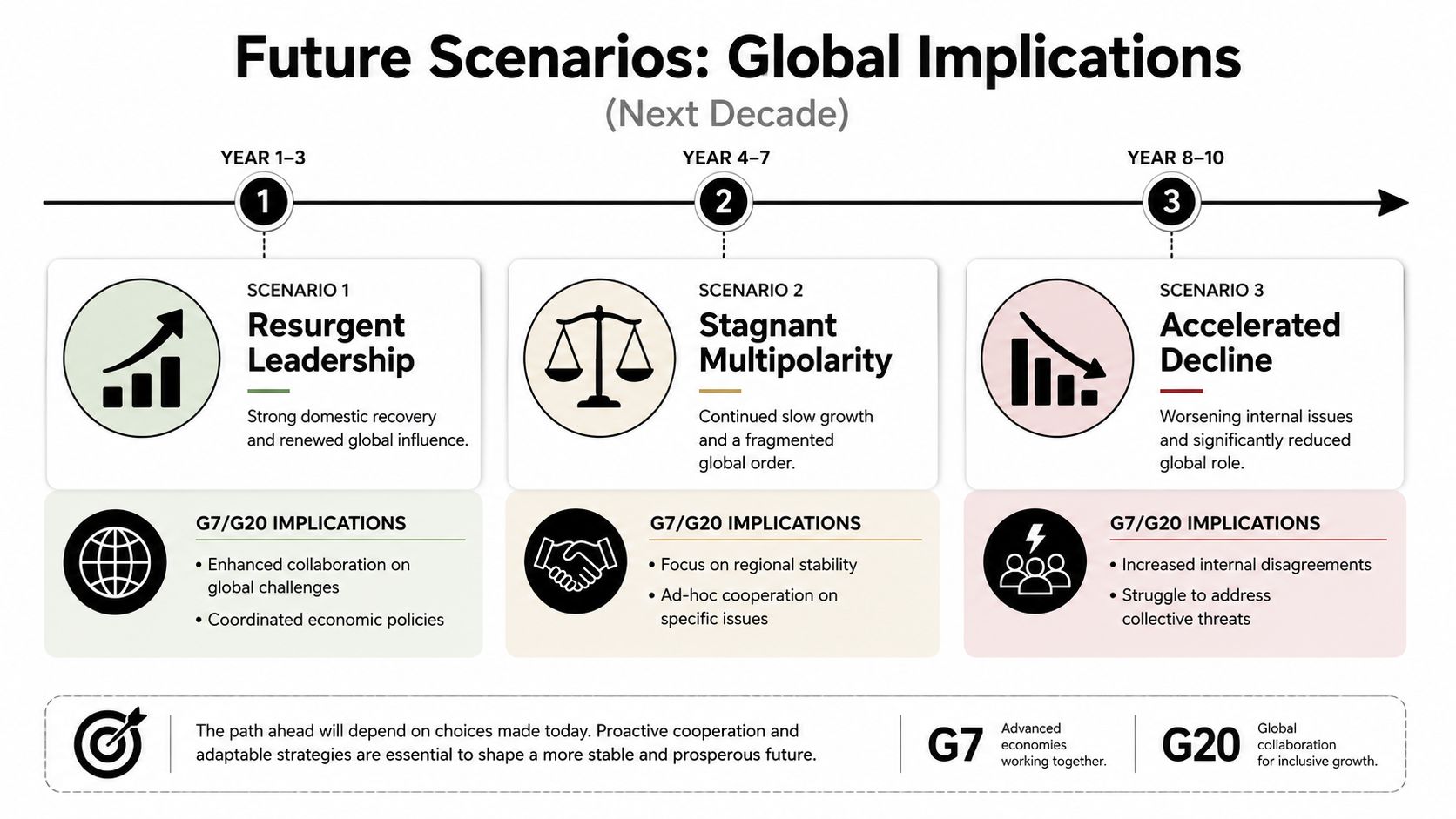 A diagram outlining three future global scenarios: resurgent leadership, stagnant multipolarity, and accelerated decline for G7 and G20 nations.