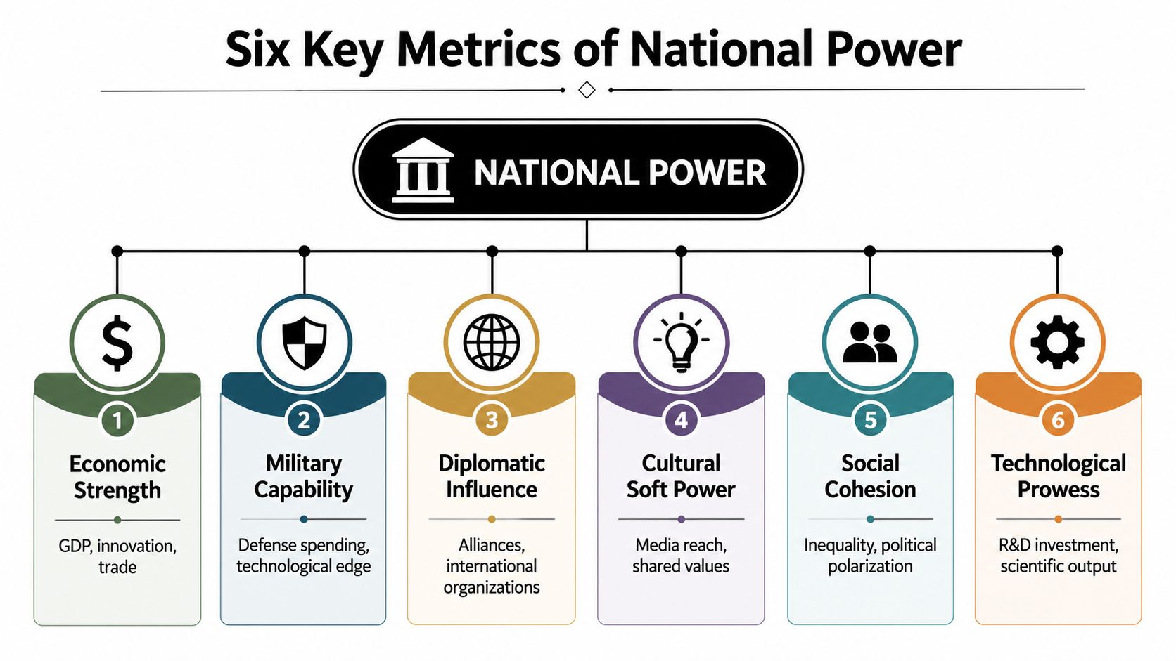 A diagram illustrating the six key metrics of national power including economic, military, diplomatic, cultural, social, and technological factors.
