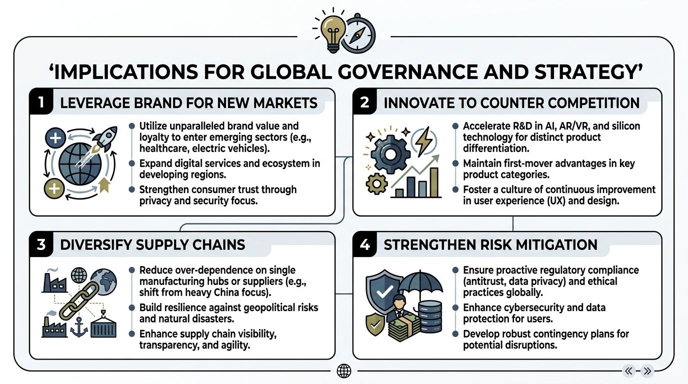 A strategic business framework infographic outlining key implications for global governance, innovation, and risk management in enterprise.