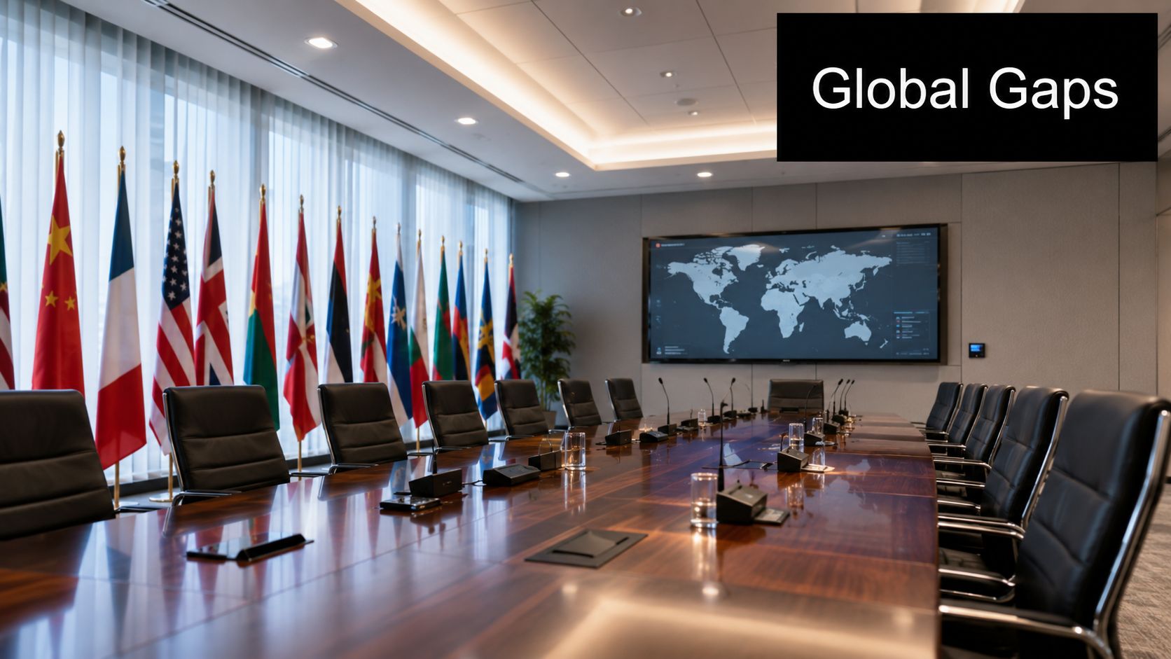 A professional boardroom featuring a long wooden table, leather chairs, a digital world map, and international flags.