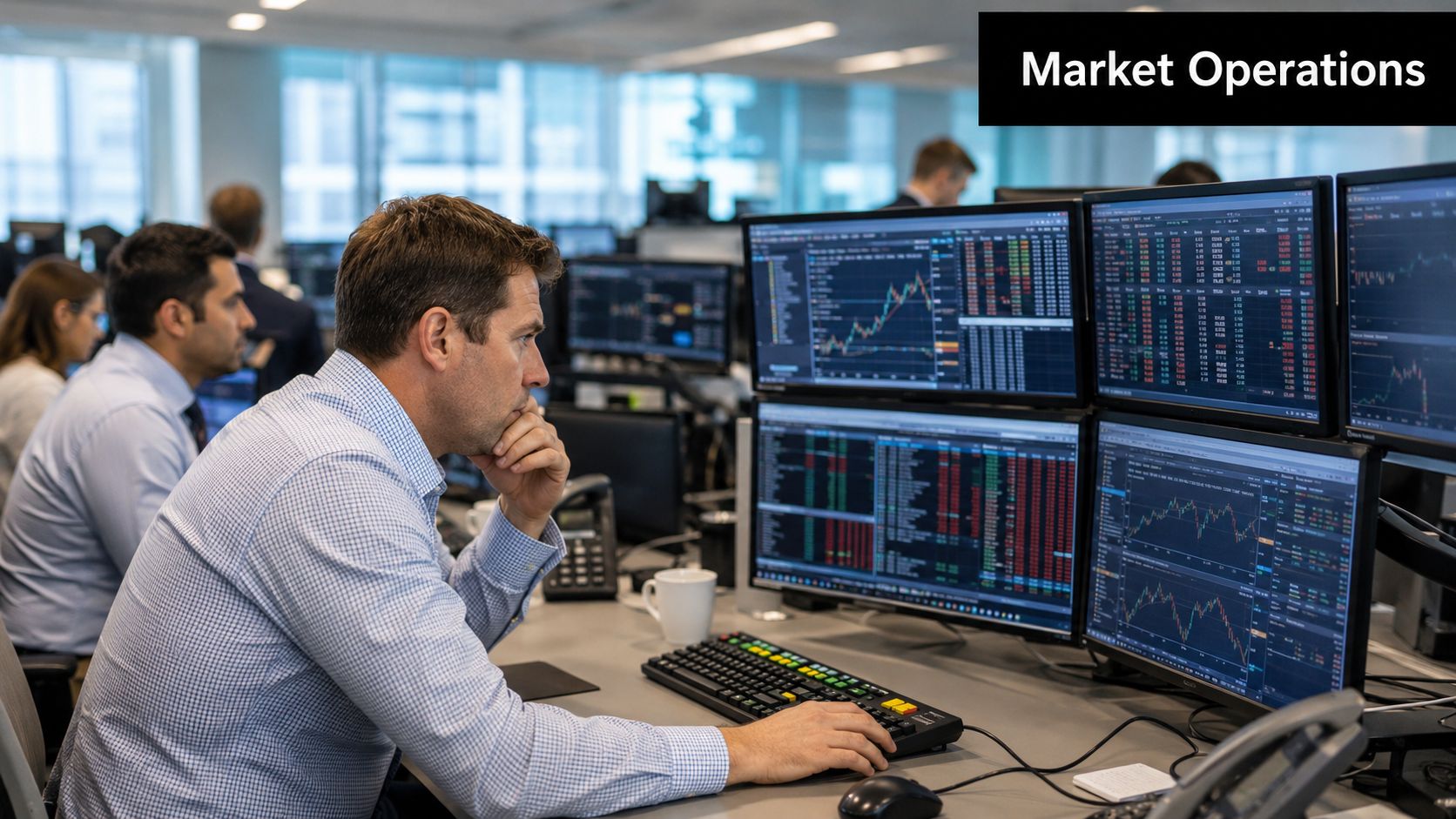 A focused financial trader analyzes real-time market data on multiple computer screens in a busy office.