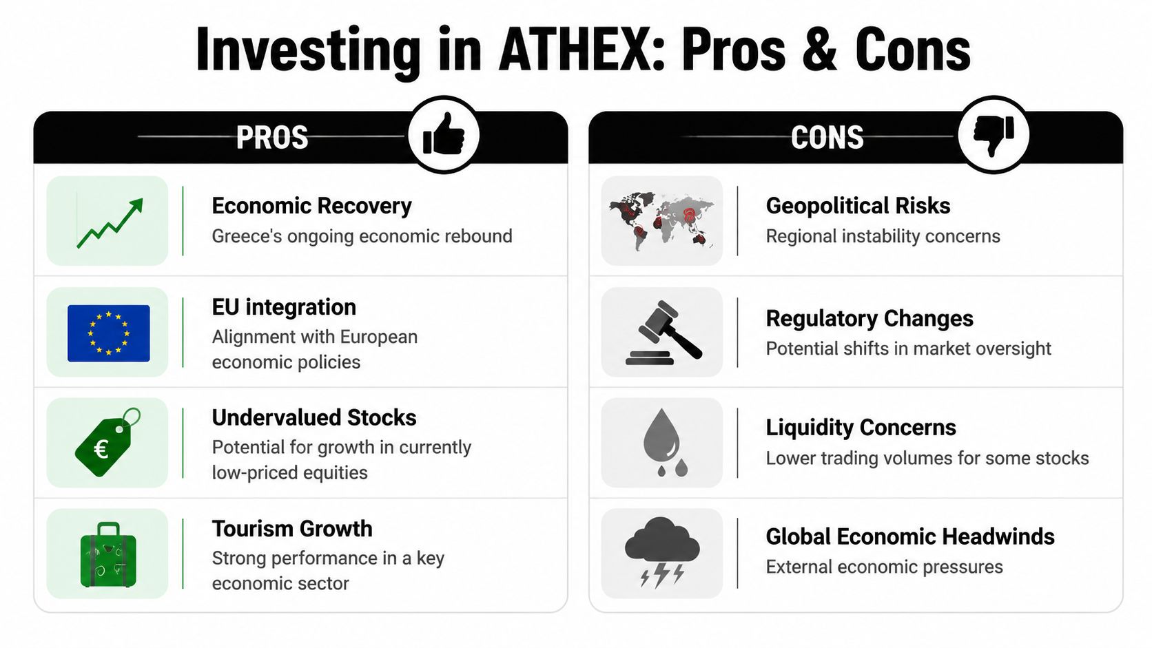 An infographic titled Investing in ATHEX comparing the pros and cons of the Athens stock market.