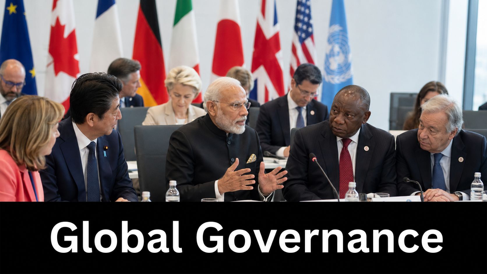 World leaders gathered for a diplomatic discussion in front of international flags at a high-level summit.