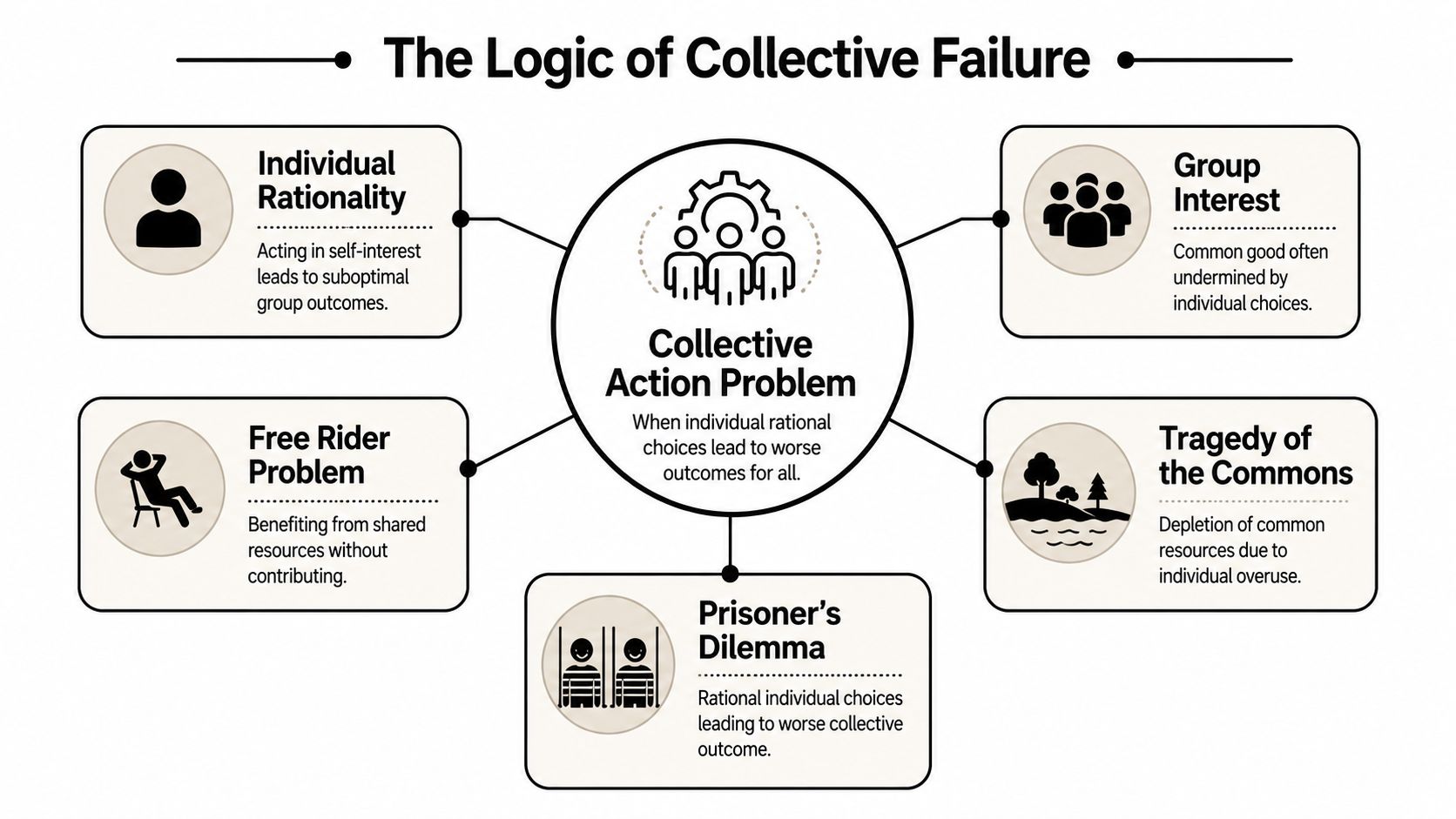 A diagram illustrating the logic of collective action problems and factors contributing to collective failure.