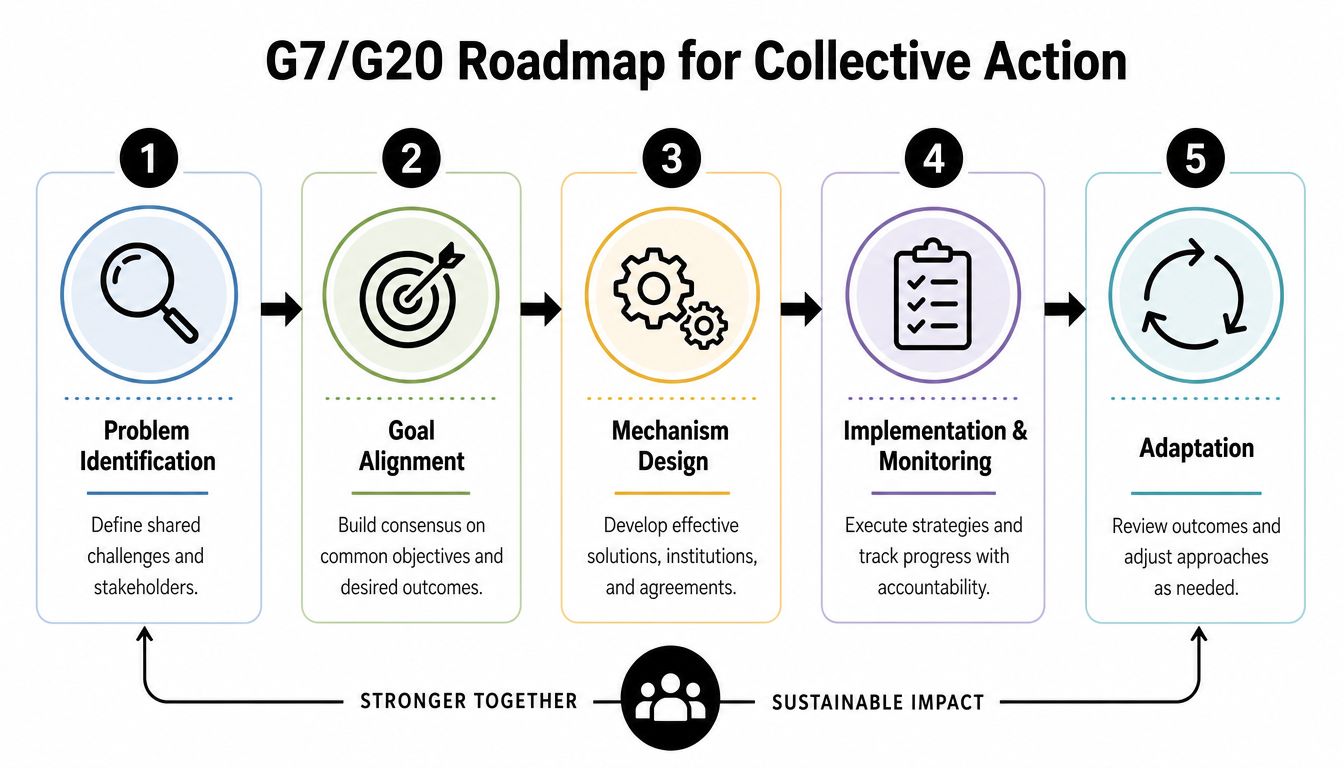 A five-step roadmap infographic for G7/G20 collective action, illustrating a logical process for international policy collaboration.