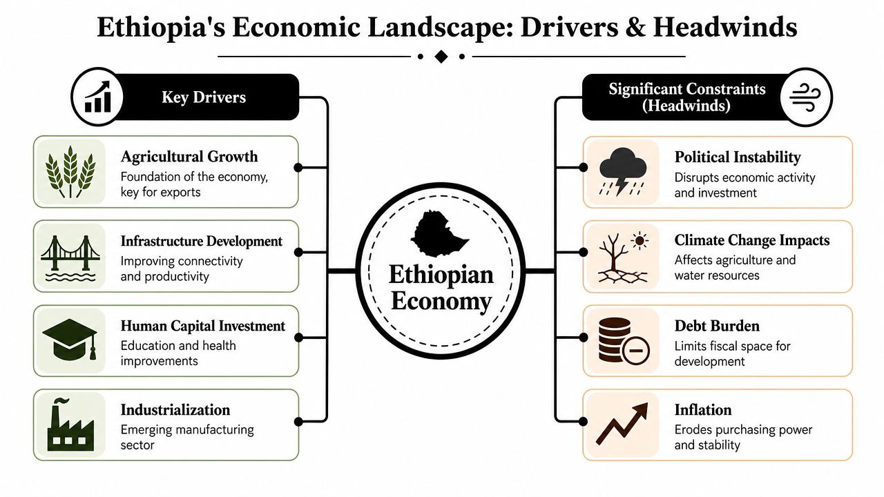 A diagram illustrating the key drivers and significant economic constraints affecting the Ethiopian economy.