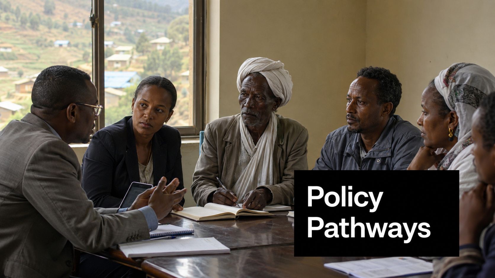 A diverse group of people discussing work strategies in a bright, modern professional meeting room in Ethiopia.