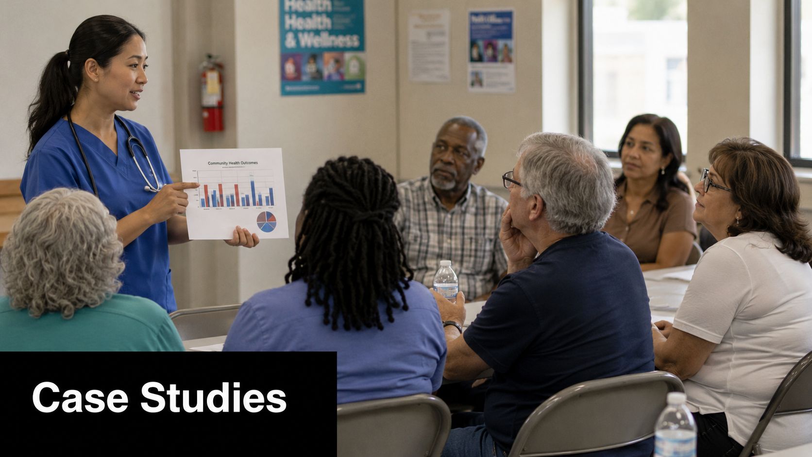 A healthcare professional presents community health outcome charts to a diverse group of adults in a classroom.
