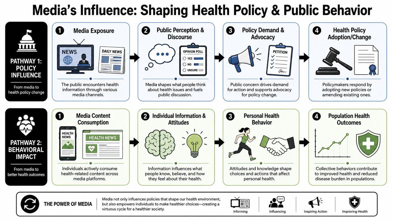 An infographic showing two pathways how media influences health policy changes and improves population health outcomes.