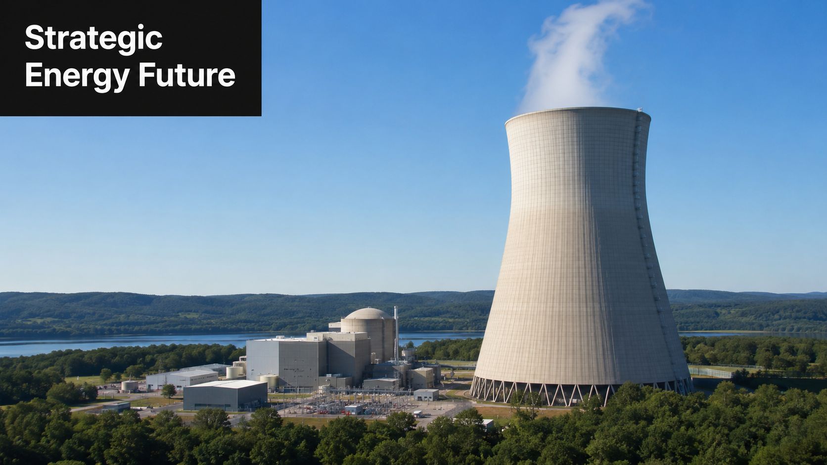 A large nuclear power plant with a prominent cooling tower situated by a lake and lush forest.