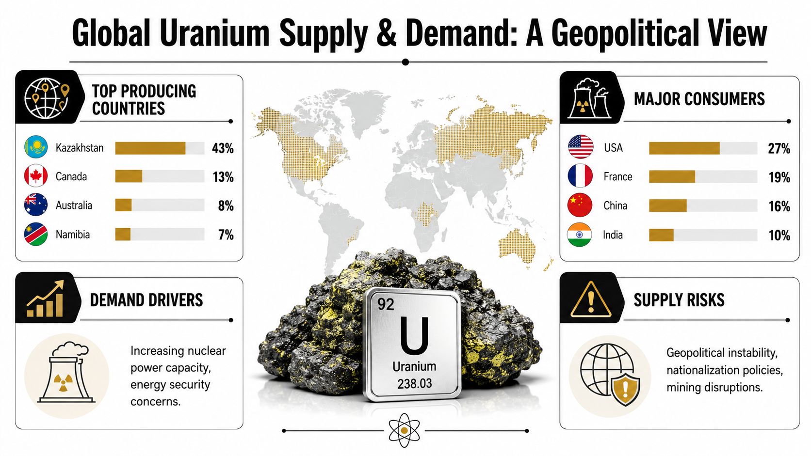 An infographic showing the global uranium supply and demand with top producing countries and major consumers.