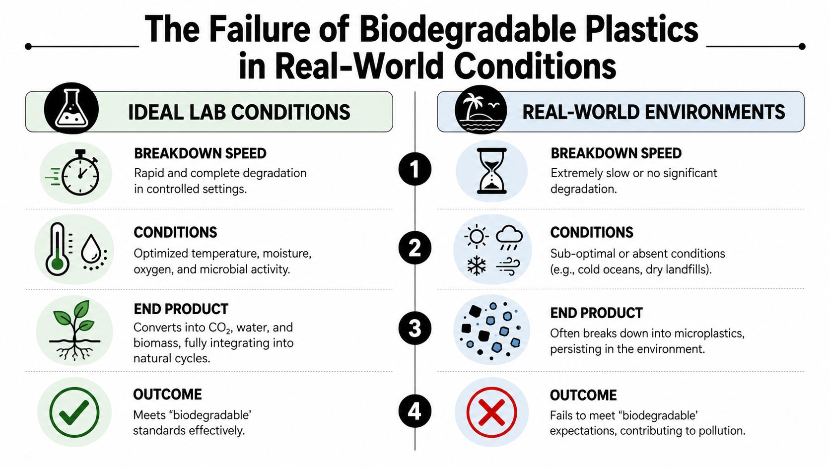 A comparison chart showing how biodegradable plastics fail to degrade properly in real-world environments compared to labs.