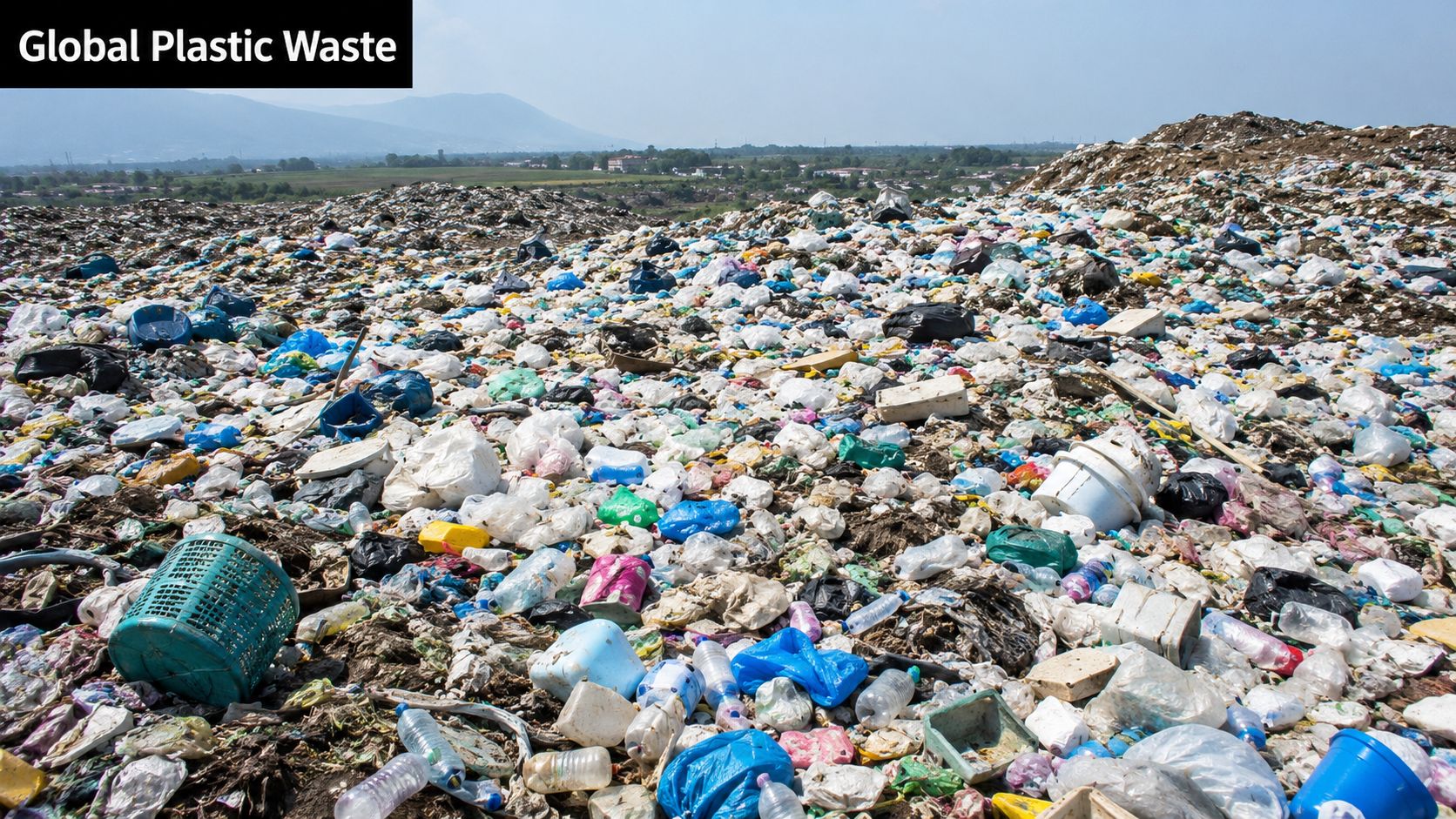 A massive, sprawling landfill site filled with vast quantities of scattered plastic waste and discarded trash.