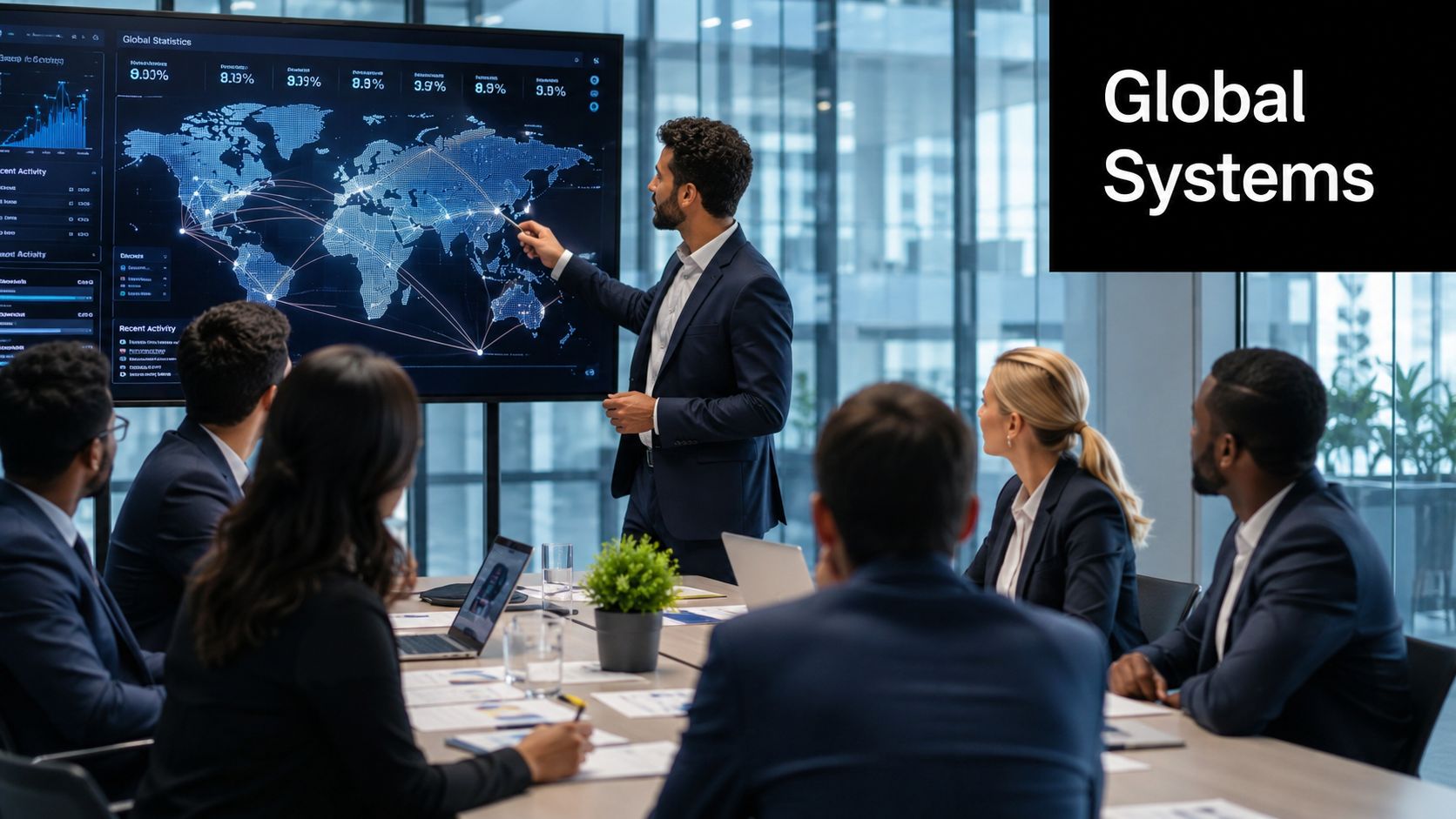 A professional business team listening to a presenter pointing at a global data map in an office.