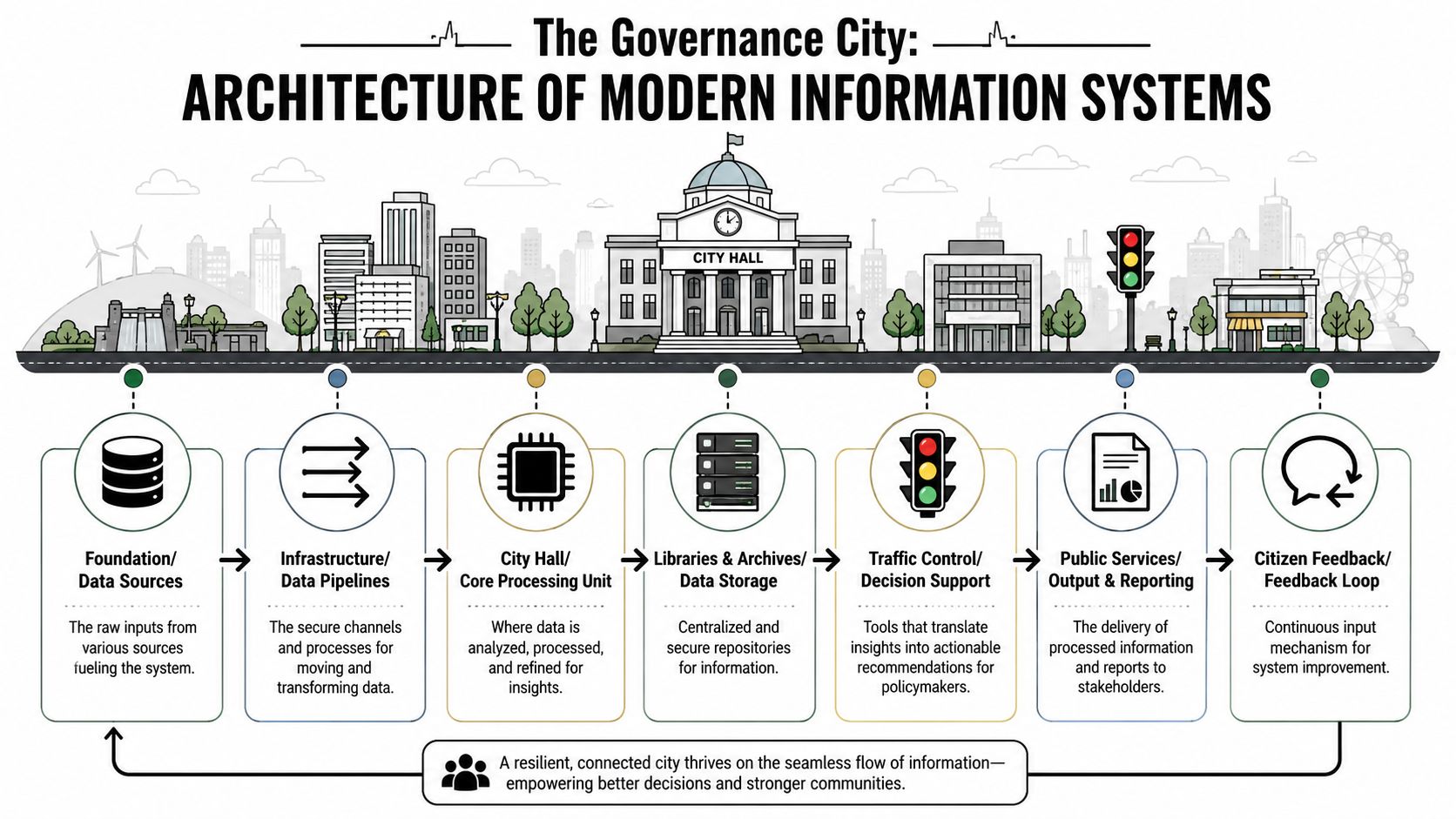 An infographic titled The Governance City illustrating the seven stages of a modern information architecture system.