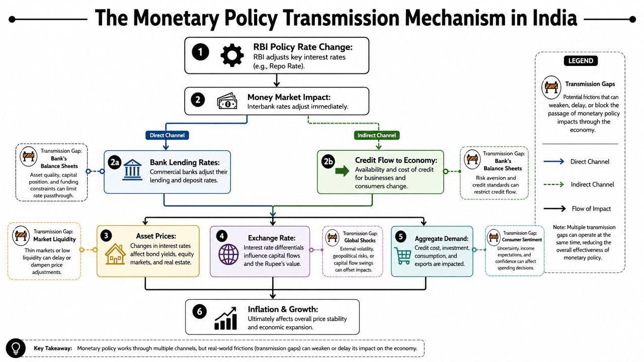 A diagram illustrating the monetary policy transmission mechanism in India, showing how RBI policy rates affect the economy.
