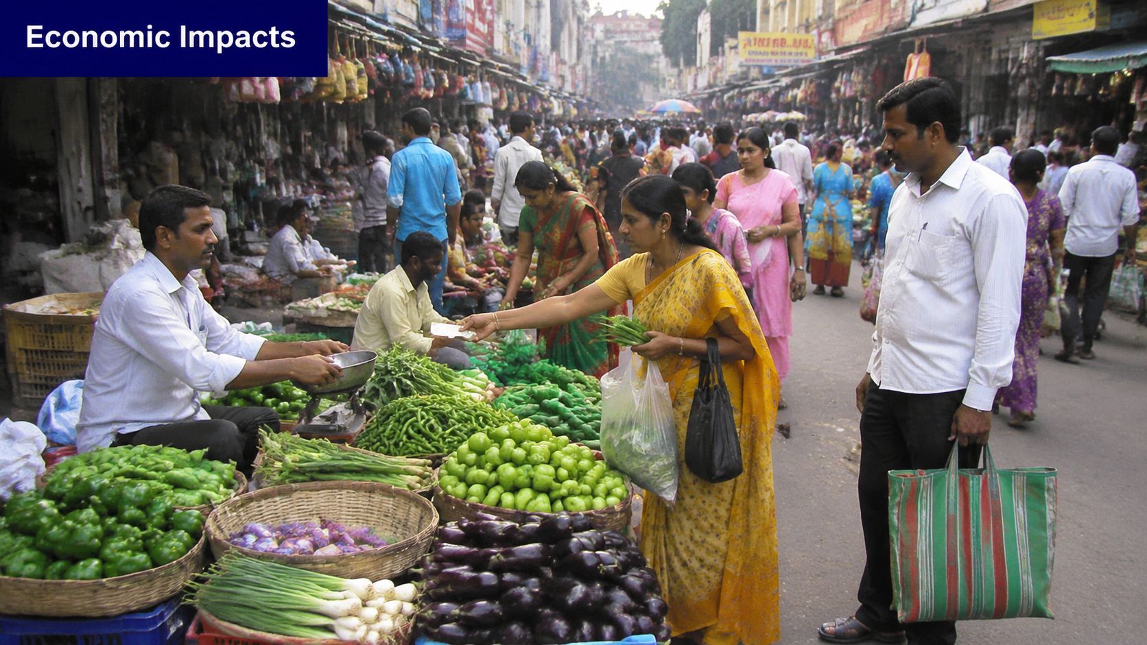 A crowded Indian vegetable market scene with vendors and customers interacting over fresh produce stalls.