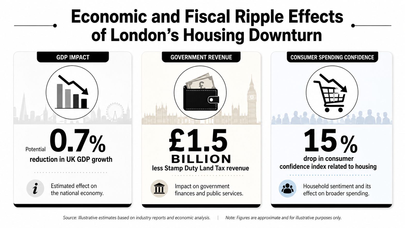 An infographic showing the economic impact of London's housing downturn on GDP, government revenue, and consumer confidence.