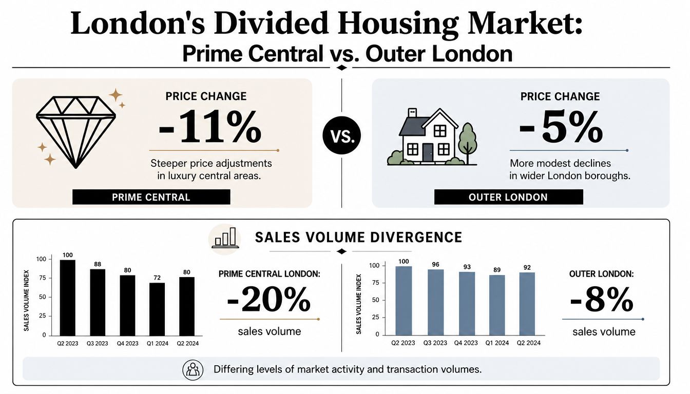 An infographic comparing price and sales volume changes in Prime Central versus Outer London housing markets.