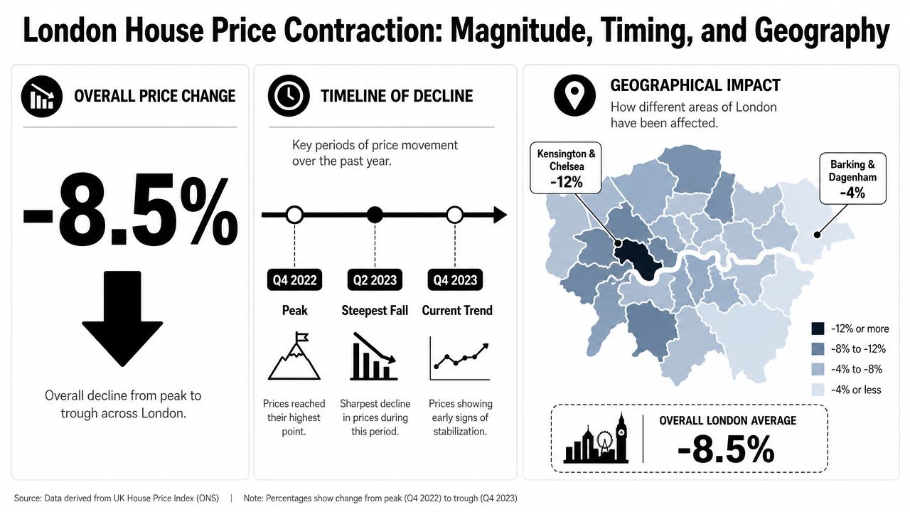 An infographic showing a decline in London house prices, featuring statistics, a timeline, and a geographic map.