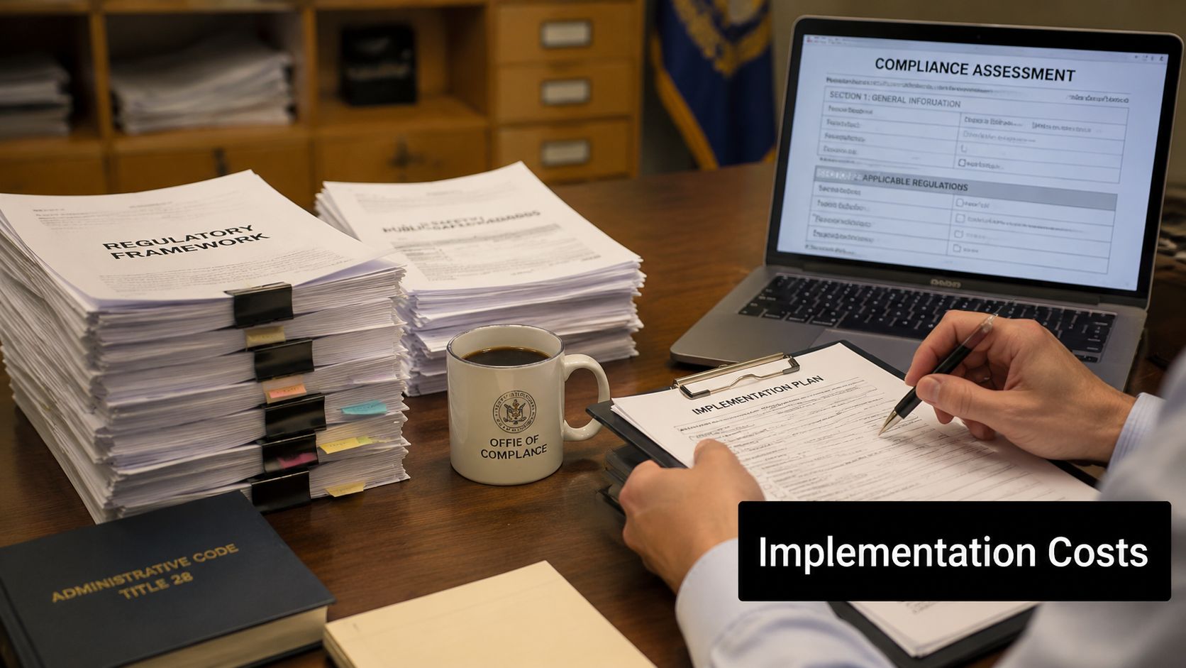 A professional working on compliance documentation with stacks of regulatory papers and a laptop in an office.