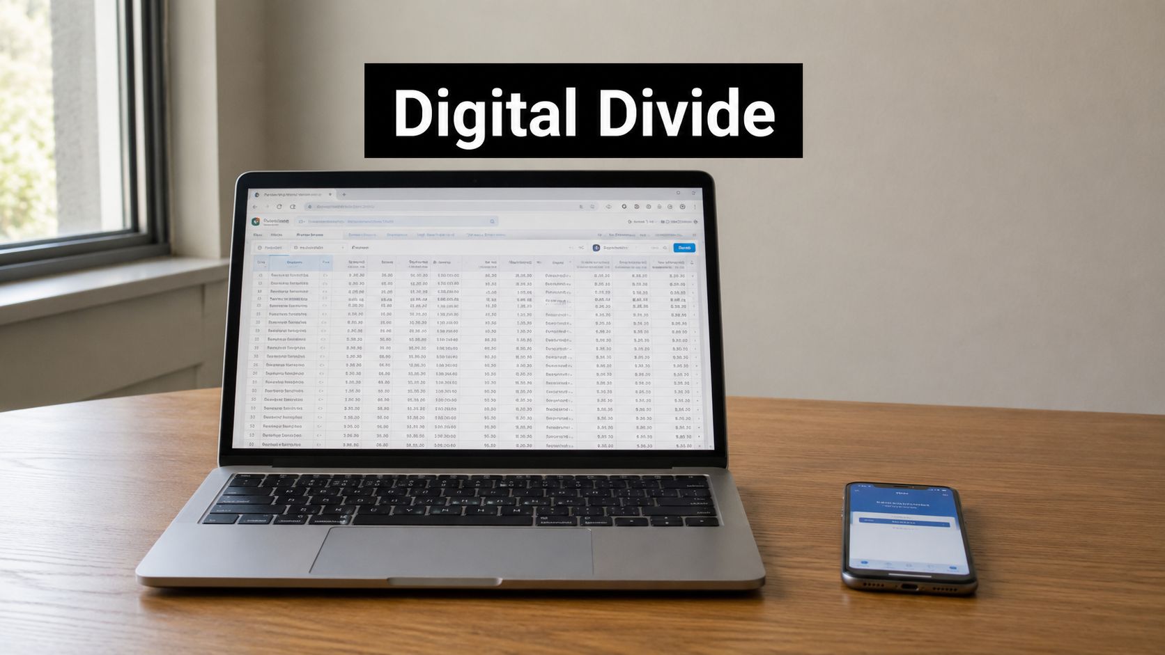A modern laptop displaying spreadsheet data on a wooden desk next to a smartphone.
