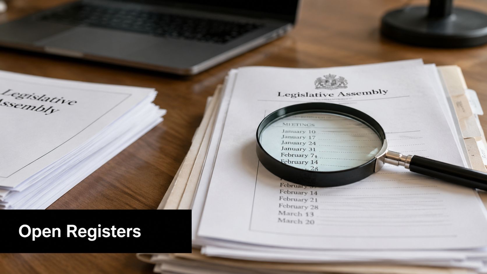 A magnifying glass on a stack of Legislative Assembly meeting documents on a wooden office desk.