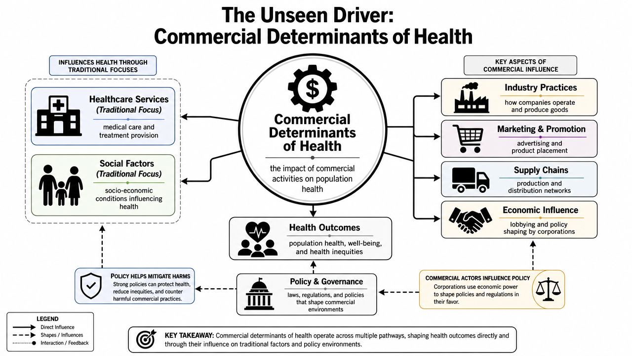 A diagram illustrating how commercial activities impact population health through various social, economic, and policy-driven pathways.