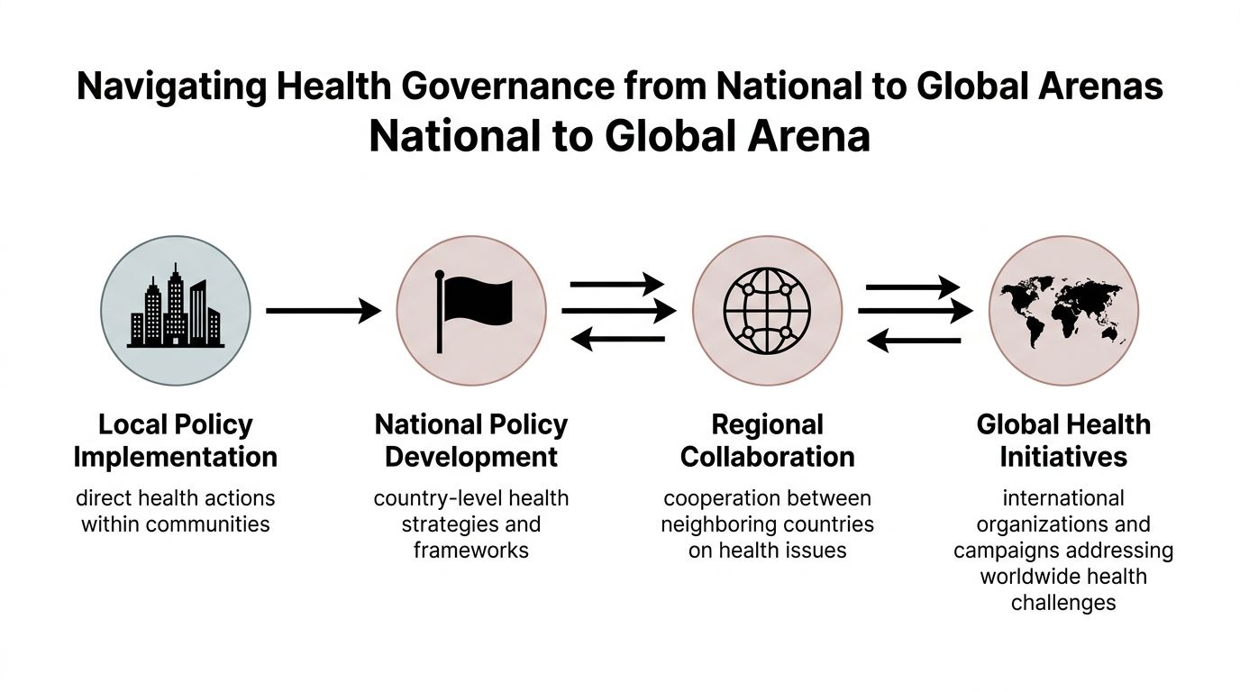 A diagram illustrating the progression of health governance from local policy implementation to global health initiatives.