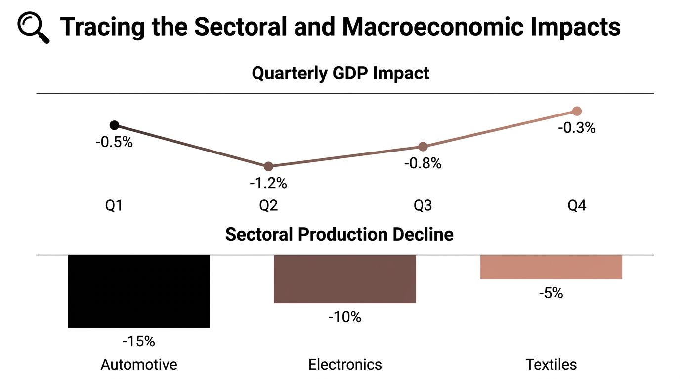 A chart showing quarterly GDP impact and sectoral production decline in automotive, electronics, and textiles industries.