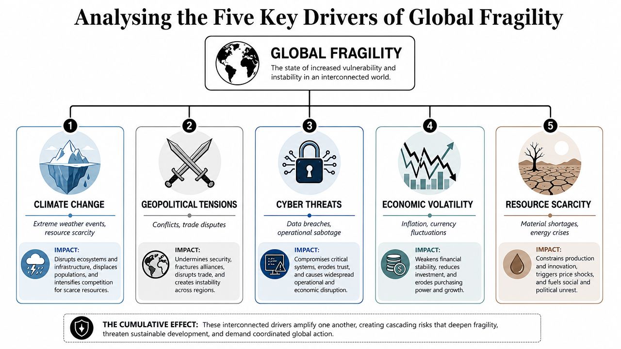A diagram analyzing five key drivers of global fragility, including climate change, geopolitical tensions, and economic volatility.