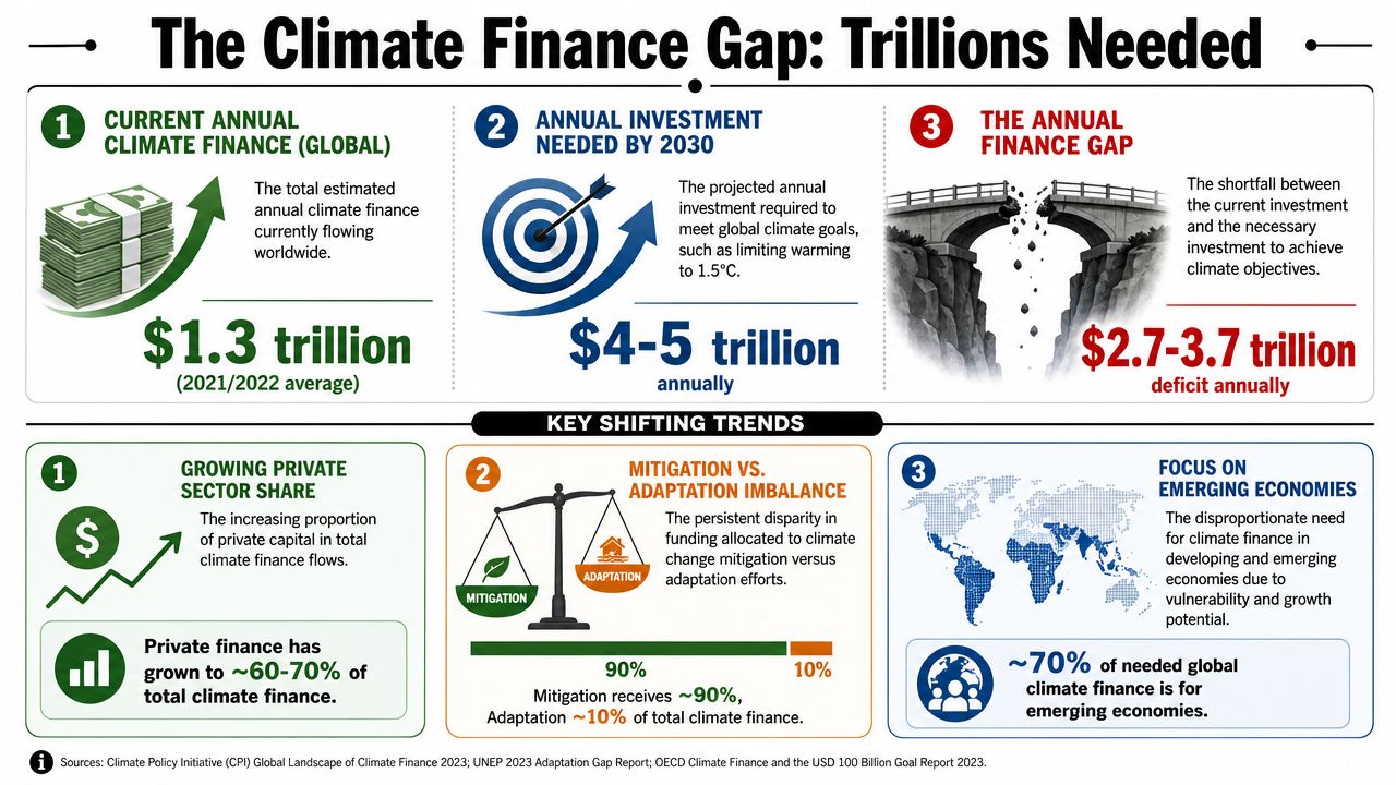 An infographic showing the climate finance gap, comparing current global investment to the trillions needed annually.