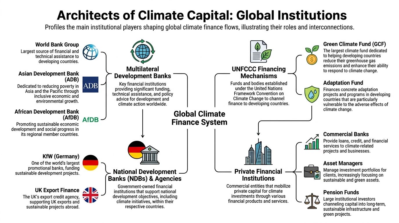 A diagram illustrating the main global institutions and mechanisms involved in the global climate finance system.
