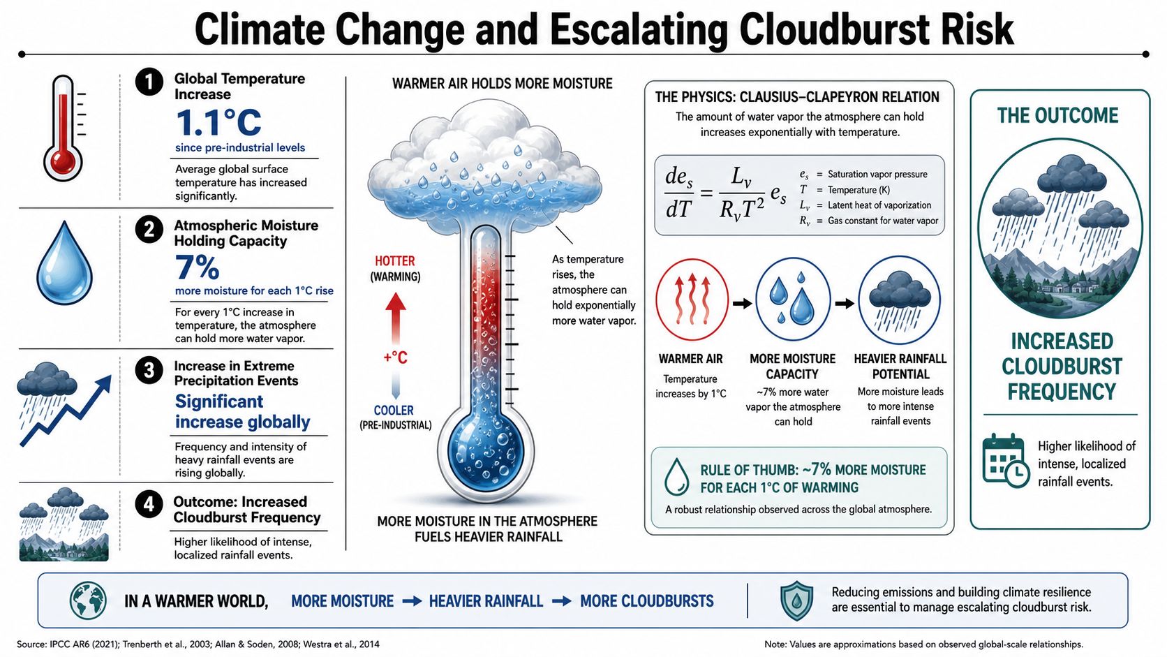 An infographic showing how global temperature increases lead to higher moisture capacity and more frequent cloudburst events.