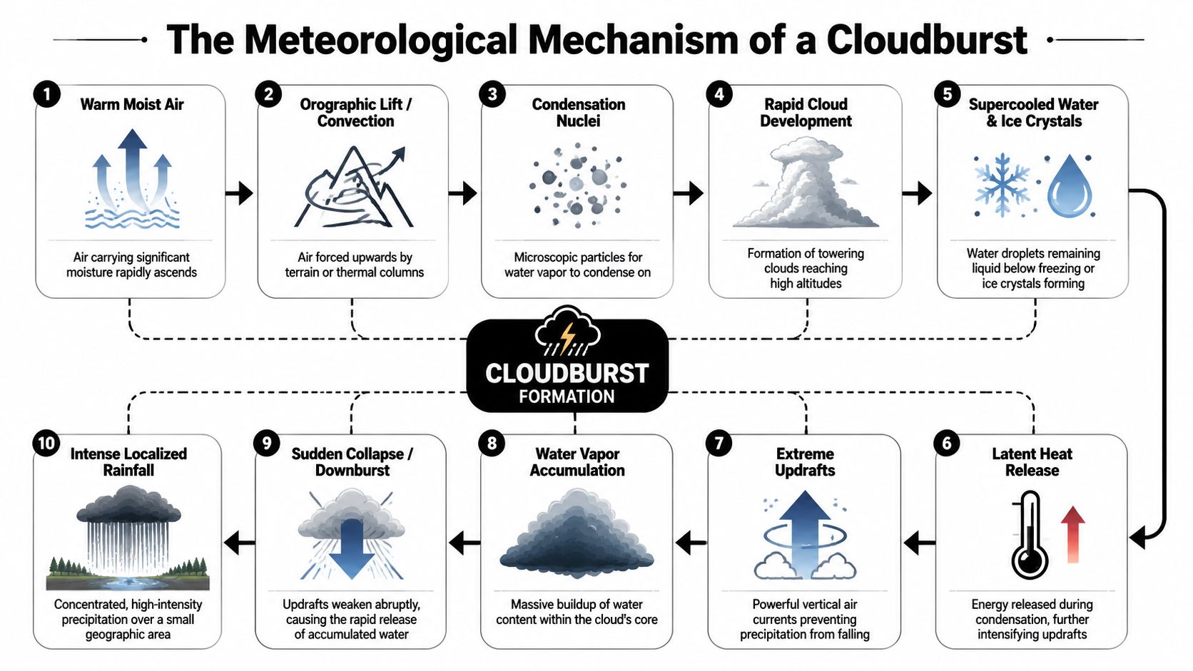 A diagram illustrating the ten meteorological stages of a cloudburst formation, from moisture ascent to heavy rainfall.